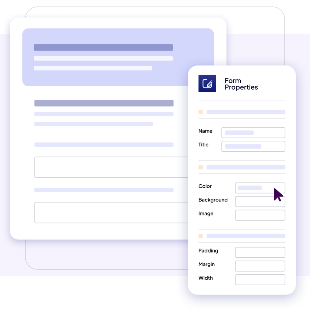 A digital illustration showing the form interface, including form properties, editable fields for title, color, background, image, padding, margin, and width.