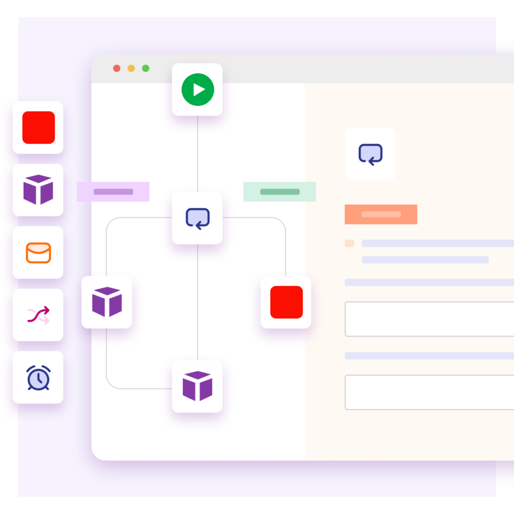 Abstract illustration of a digital workflow interface, featuring various colorful icons (boxes, clock, wrench, chat bubble, play button) connected by lines and a partial form layout on the right side.