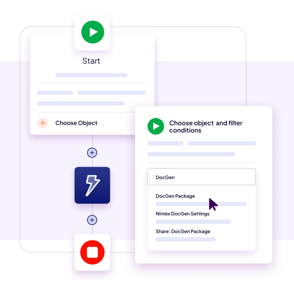 A visual workflow diagram shows a process starting with a green play button, selecting an object, followed by an action icon, and ending with a red stop button. A popup displays options for choosing and filtering objects.