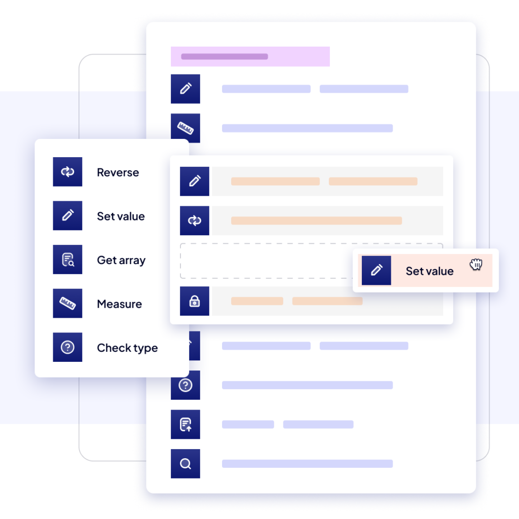 A digital interface with a main panel showing a list of items and icons, a floating menu with options like Reverse, Set value, Get array, and a smaller pop-up for Set value with a pencil icon.