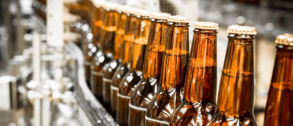 A row of empty brown glass bottles moves along a conveyor belt in a brewery or bottling plant, ready for filling. The background is blurred, highlighting the bottles in the foreground.