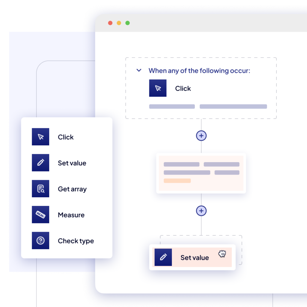 A flowchart interface shows event triggers like “Click” and actions such as “Set value.” A sidebar displays options: Click, Set value, Get array, Measure, and Check type, using blue icons and white text.