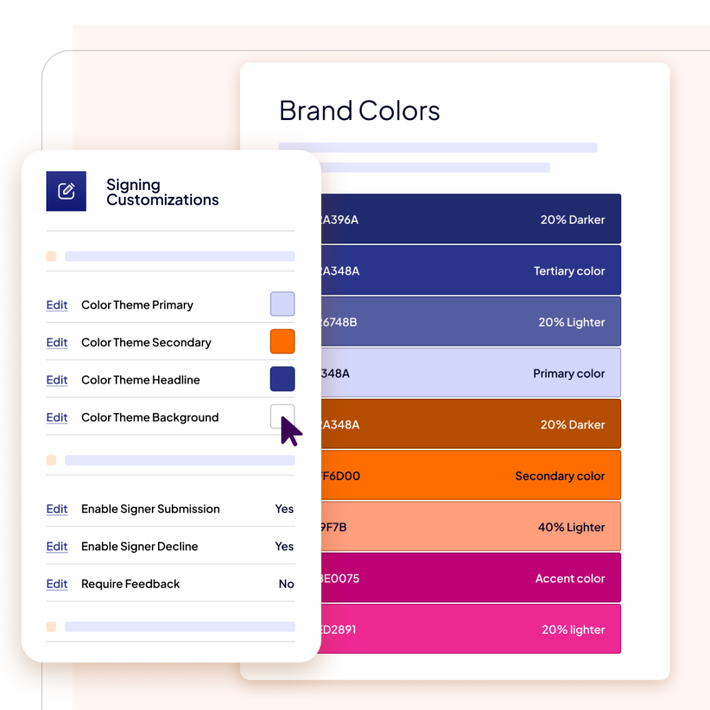 A user interface displaying customizable brand color options with hex codes and color swatches, alongside options to edit signing customizations such as background and headline colors.