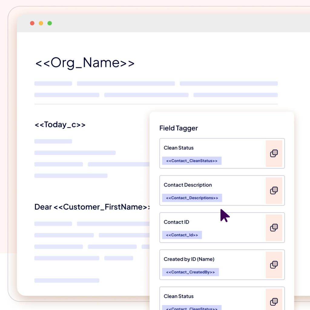 A computer screen displays a template editor with code for personalized emails on the left and a list of customizable field tags, such as contact description and status, on the right. A cursor hovers over Contact Description.