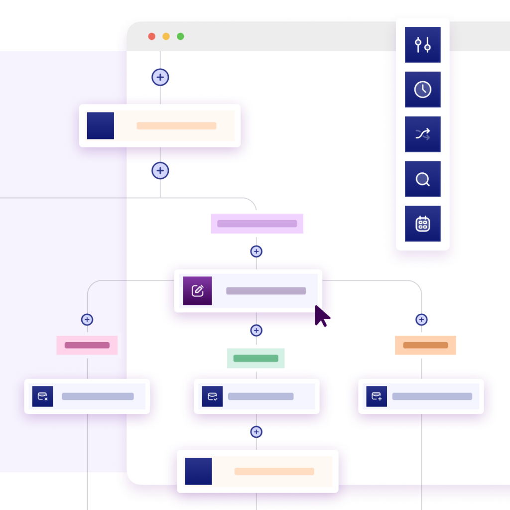 A stylized flowchart interface with connected, color-coded boxes and a sidebar showing various blue icons, representing different workflow or organizational tools in a web application.