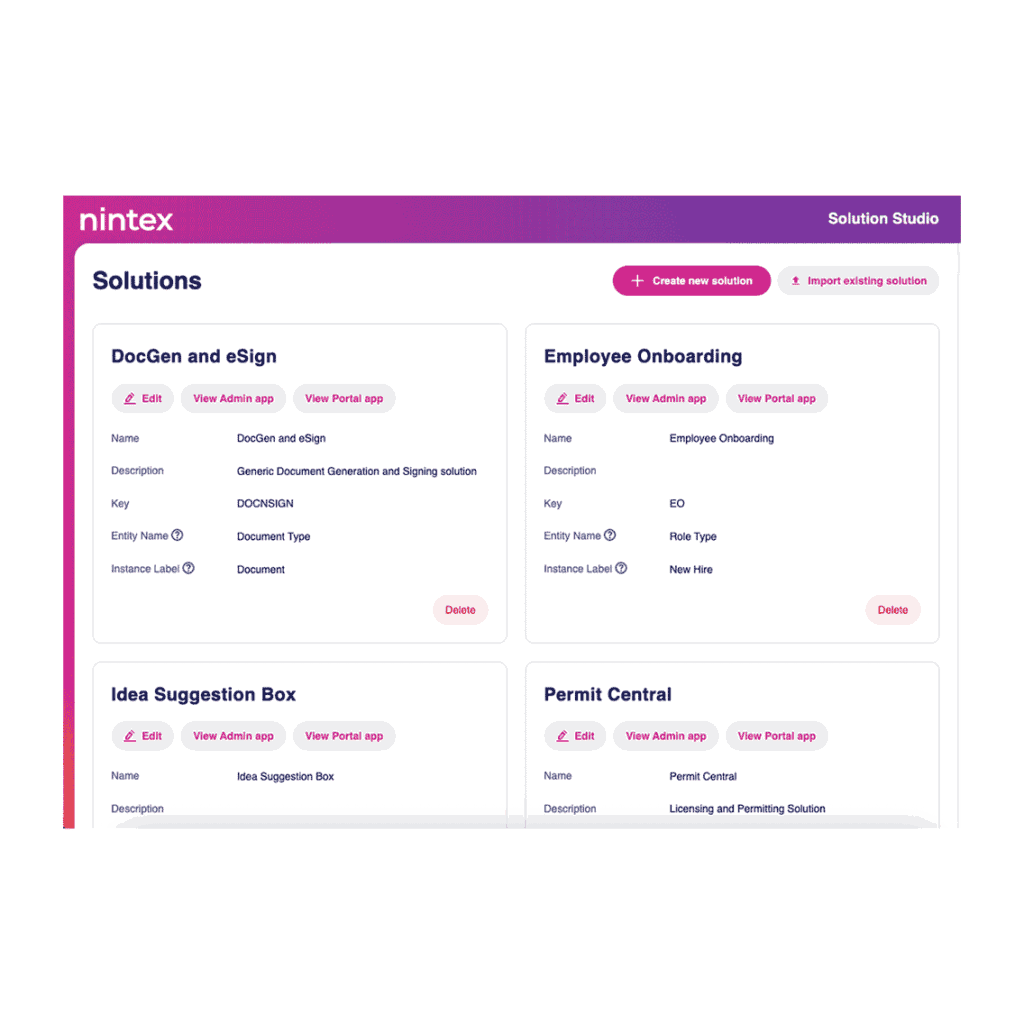 A screenshot of the Nintex Solution Studio interface displaying four solution cards: DocGen and eSign, Employee Onboarding, Idea Suggestion Box, and Permit Central, each with options to edit, view, or delete.