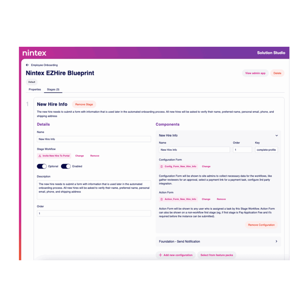Screenshot of the Nintex EZHire Blueprint interface showing fields to enter new hire information, including name and workflow state, with options to configure notifications and workflow components.